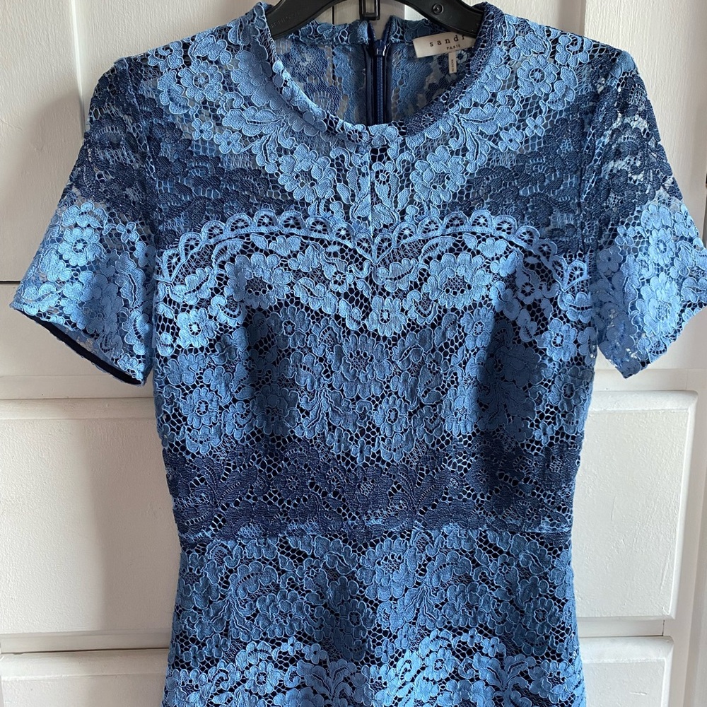 Sandro Navy and Light Blue Lace Midi Dress